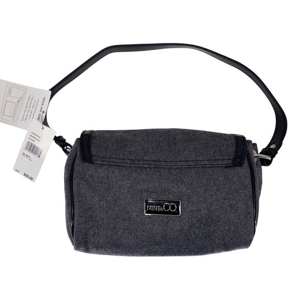 NEW Nine & Co Mr. Smith Shoulder Bag Purse Gray Wool & Black Faux Leather Flower - Picture 3 of 6